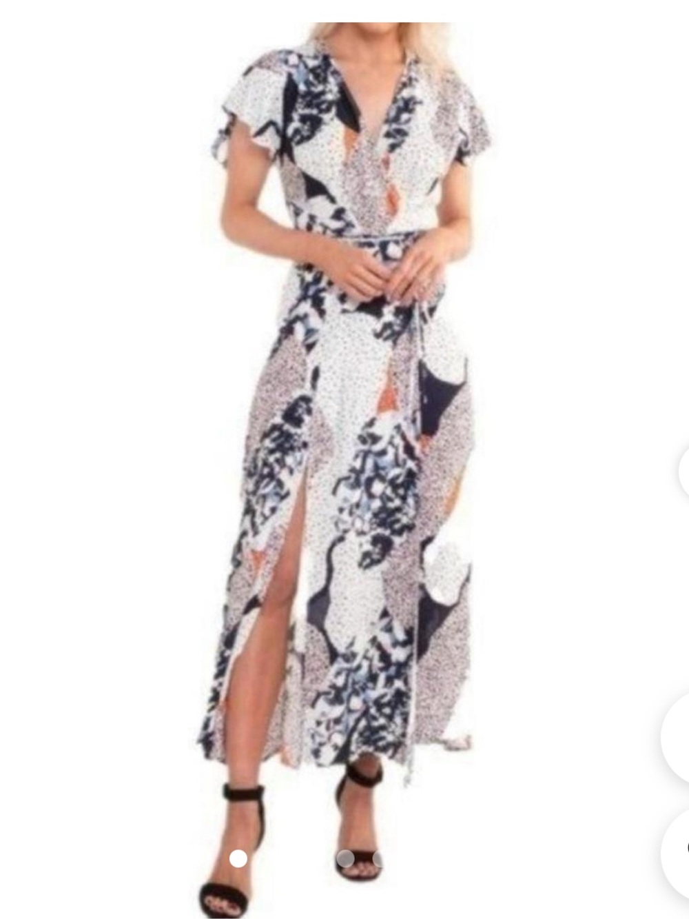 GUC French Connection White Floral Print Wrap Maxi Dress w/Navy & Peach Accents